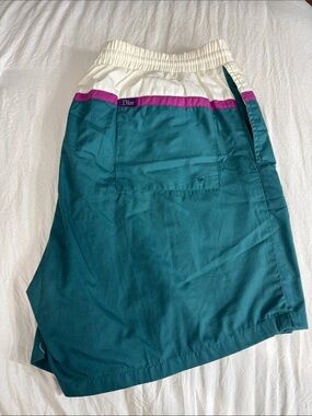 Vintage Dior Teal Swim Shorts with Cream Waist and Magenta Accent